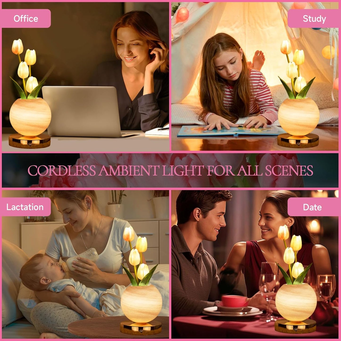 Tulip Table Lamp, Rechargeable Cordless Touch Dimming Artificial Tulip Flower Desk Lamp, LED Flower Bedside Night Light Romantic Gifts for Girl Women Mom (Pink)