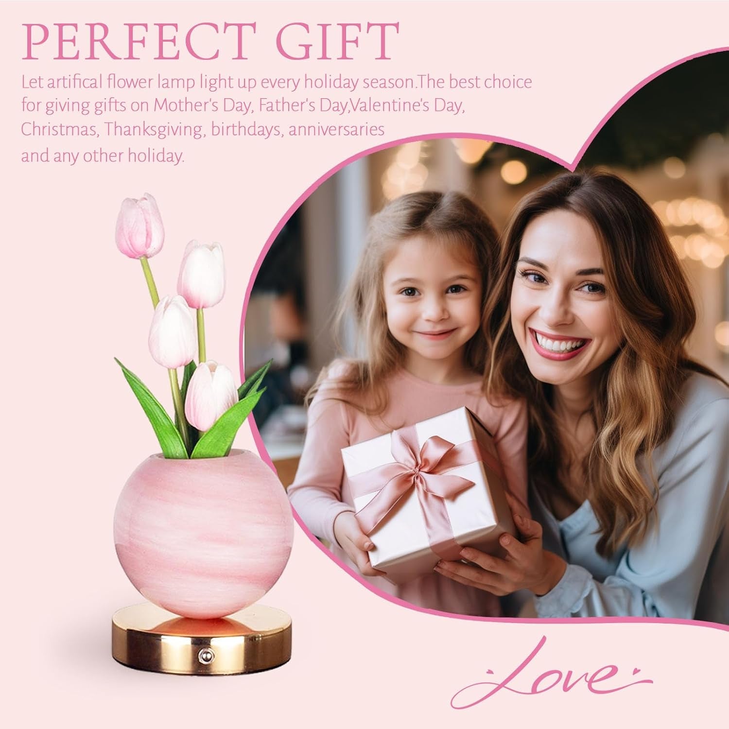 Tulip Table Lamp, Rechargeable Cordless Touch Dimming Artificial Tulip Flower Desk Lamp, LED Flower Bedside Night Light Romantic Gifts for Girl Women Mom (Pink)