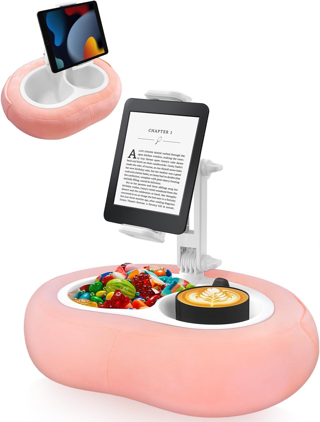 Tablet Pillow Stand, Compatible with 5"-12.9" Kindle, Ipad, Phone/Tablet, Google, Samsung, 360° Rotating Phone Holder for Bed, Soft Plush Fabric, Detachable Bowl, Reading and Relaxation on Bed, Pink