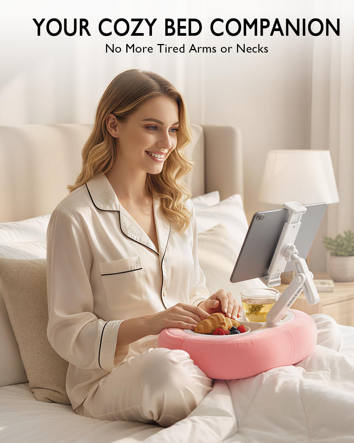 Tablet Pillow Stand, Compatible with 5"-12.9" Kindle, Ipad, Phone/Tablet, Google, Samsung, 360° Rotating Phone Holder for Bed, Soft Plush Fabric, Detachable Bowl, Reading and Relaxation on Bed, Pink
