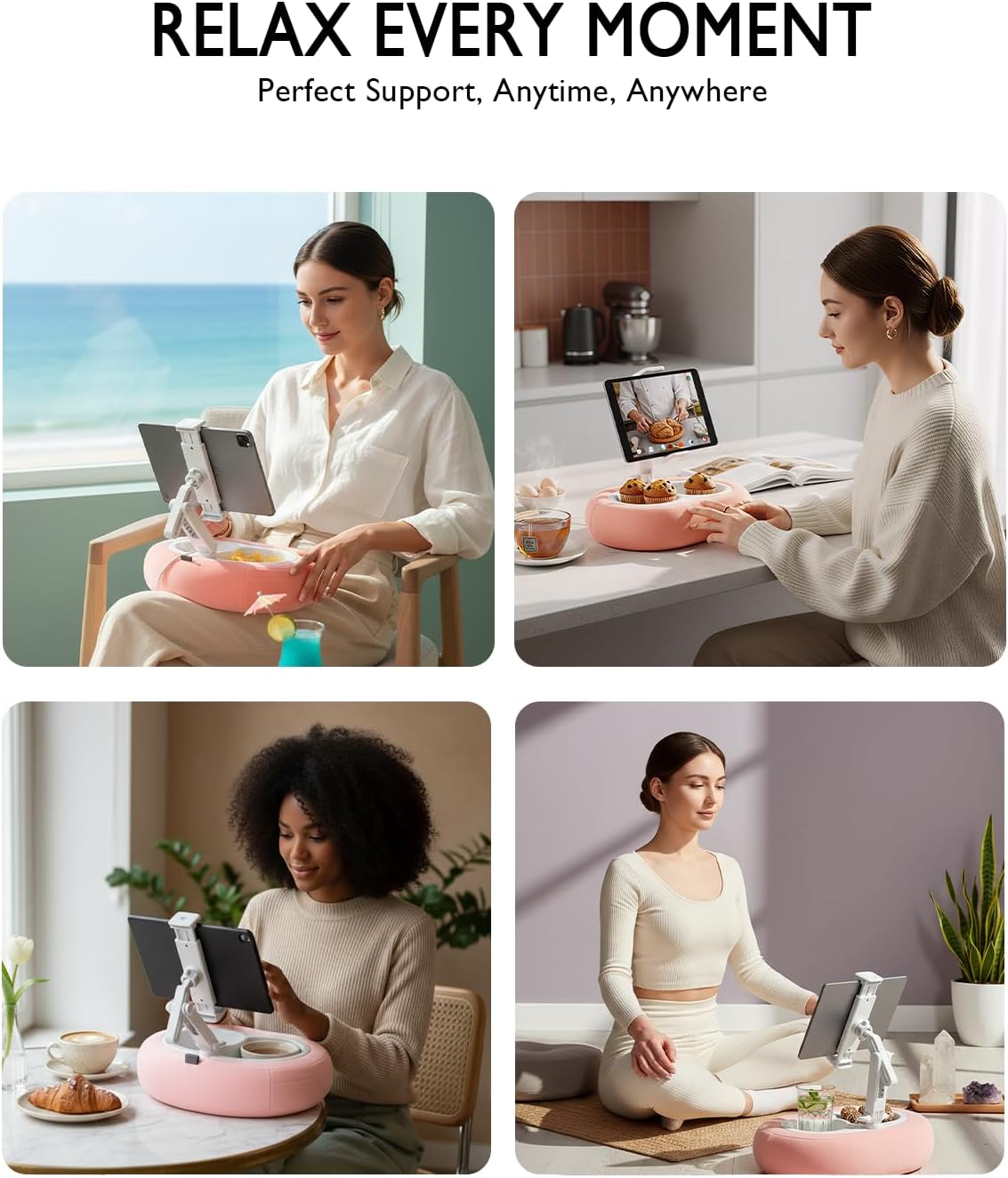 Tablet Pillow Stand, Compatible with 5"-12.9" Kindle, Ipad, Phone/Tablet, Google, Samsung, 360° Rotating Phone Holder for Bed, Soft Plush Fabric, Detachable Bowl, Reading and Relaxation on Bed, Pink