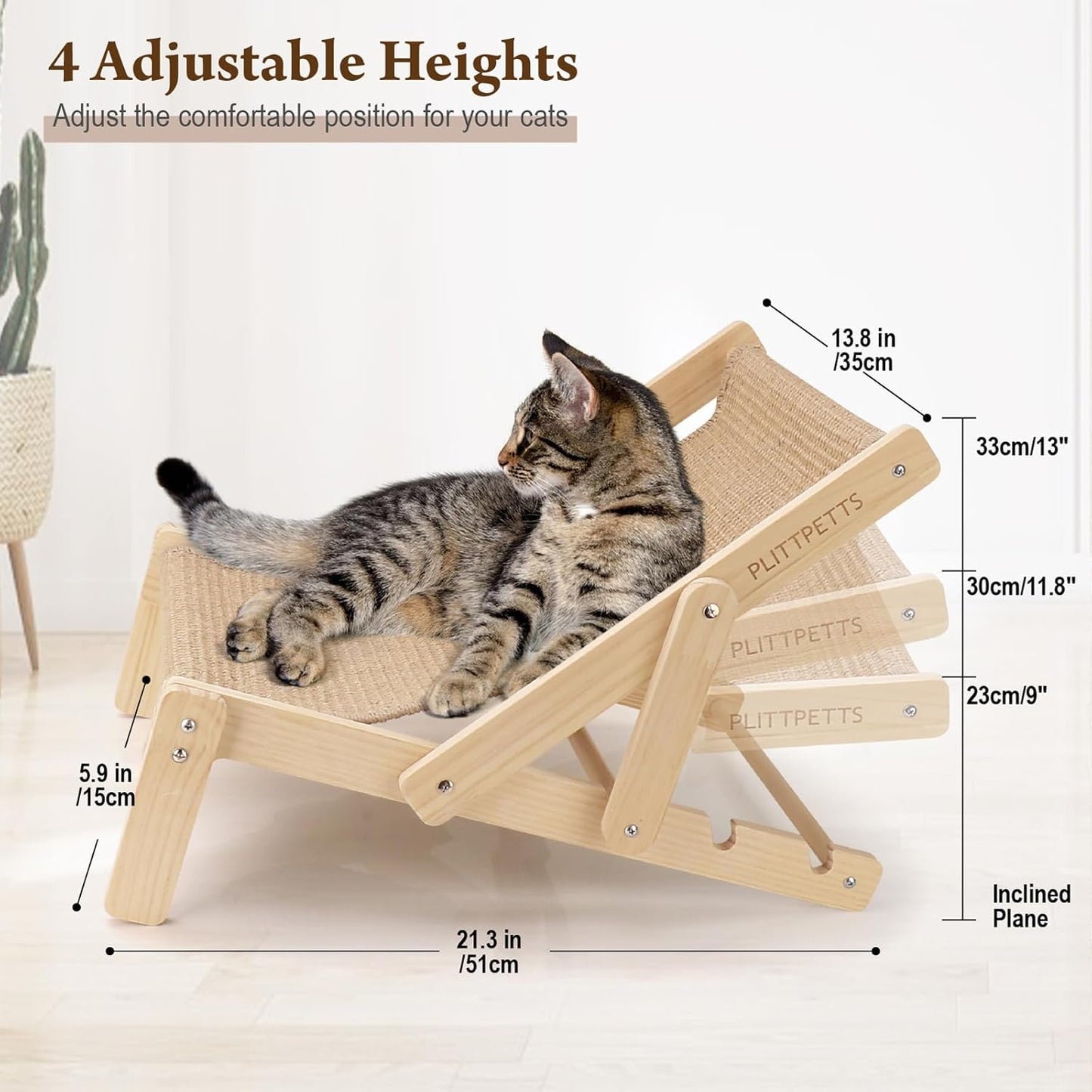 Sisal Cat Scratcher Bed with Adjustable 4-Position for Cats Scratcher Lounge, 2 in 1 Cat Sisal Chair for Indoor Cats Hammock for Scratching Pad, Natural Lounger Chair
